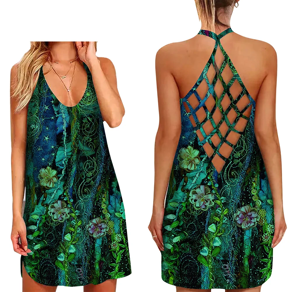 

New Fashion Hollowed Out Spaghetti Strap Dress Women Gilrs Sleeveless Classical Pattern 3D Print Sexy Party Dress