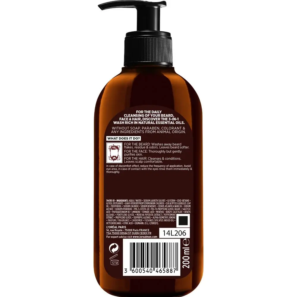 L'Oreal Paris Men Expert Barber Club Очищающий гель 3 в 1 для Бороды+ Лица+ Волос, с маслом кедрового дерева, 200 мл