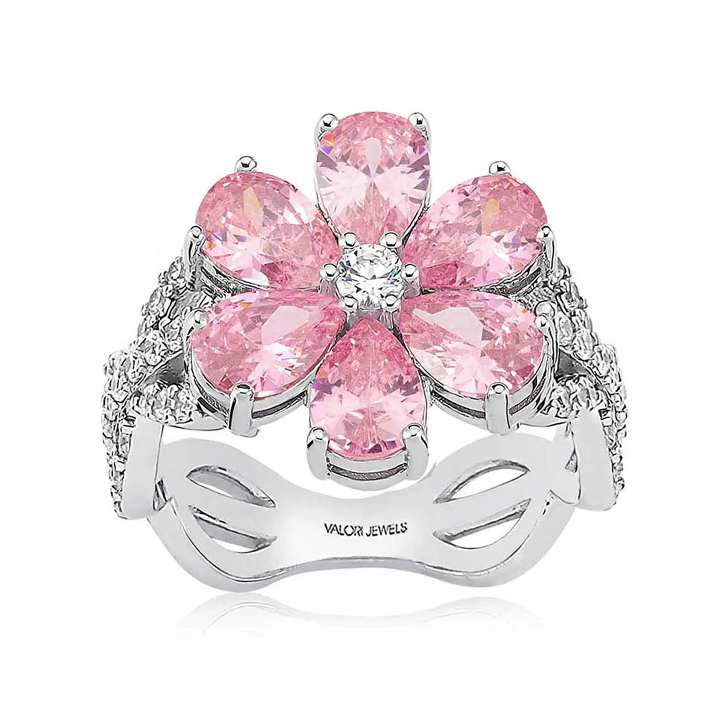 Valori Jewels Magnolia Flower Ring, 2 Ct Zircon Pink Pear Gemstone, Rhodium Plated, 925 Silver, Fine Jewelry