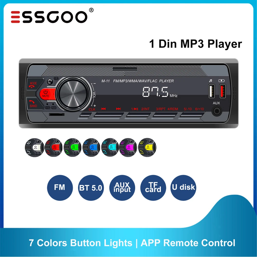 

ESSGOO Car Audio Radio 1 Din MP3 Car Stereo Bluetooth FM AUX In USB Colorful Buttons APP Remote Control 1Din Multimedia Player