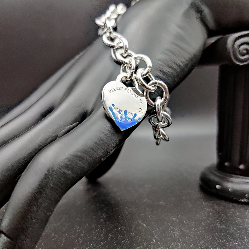 

925 Sterling Silver Heart Charm Tif Bracelet Trendy Lobster Clasp Chain Classic All-Match Bracelet for Women Luxury Jewelry