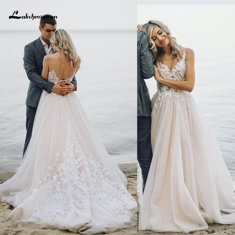 bridesmaid Modern V-neck Lace Appliques A-Line Wedding Dress 2022 Tulle Bridal Gown Perspective Off the Shoulder Backless Sweep Pleat robe ball gown wedding dress