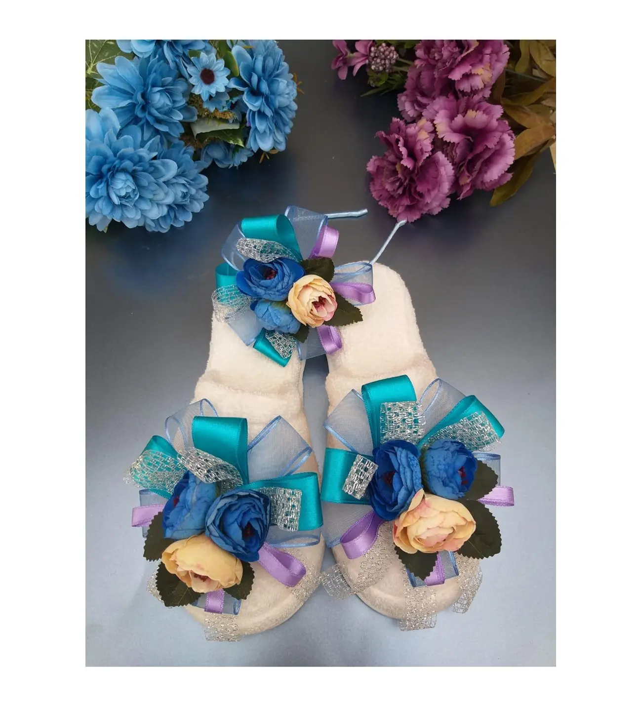 Postpartum Set Blue Chiffon Satin Shiny Fishnet Flower Bouquet Slippers and Crown, Set of 2