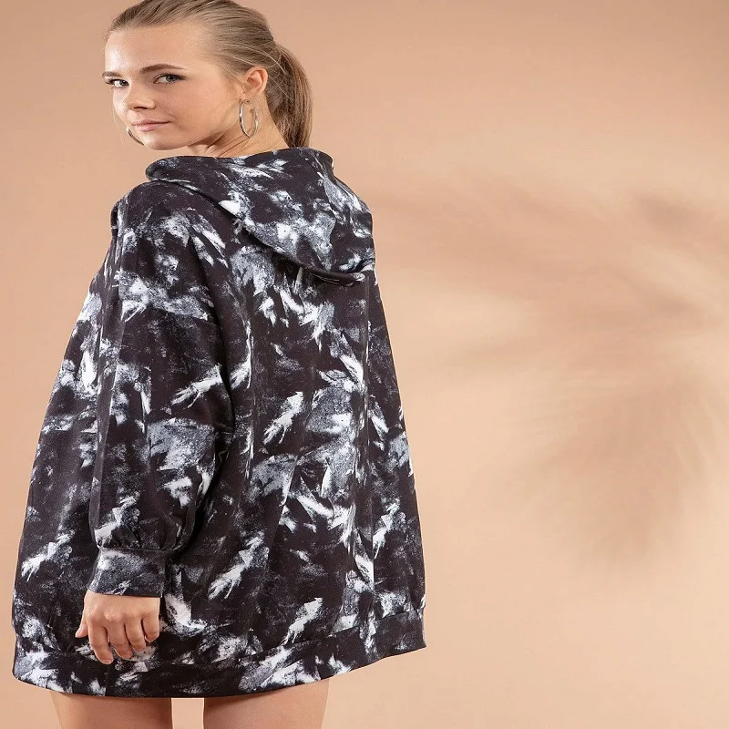 

Women Black White Printed Hooded Black Sweatshirts Dress P20W-4125-2