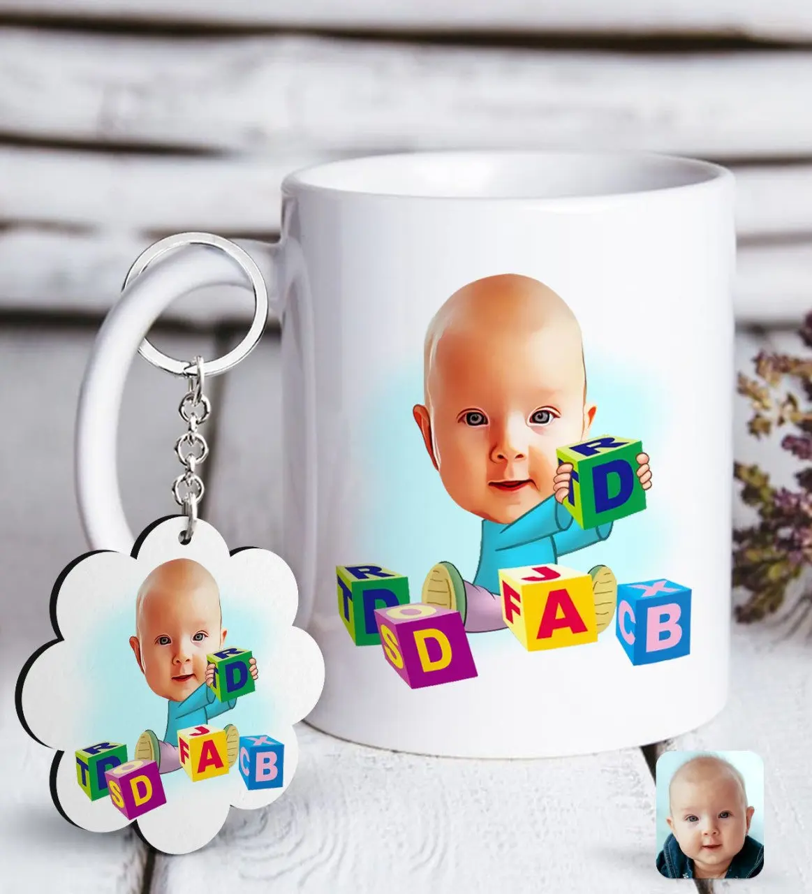 

Personalized Baby Caricature Of White mug And Keychain Gift Seti-5