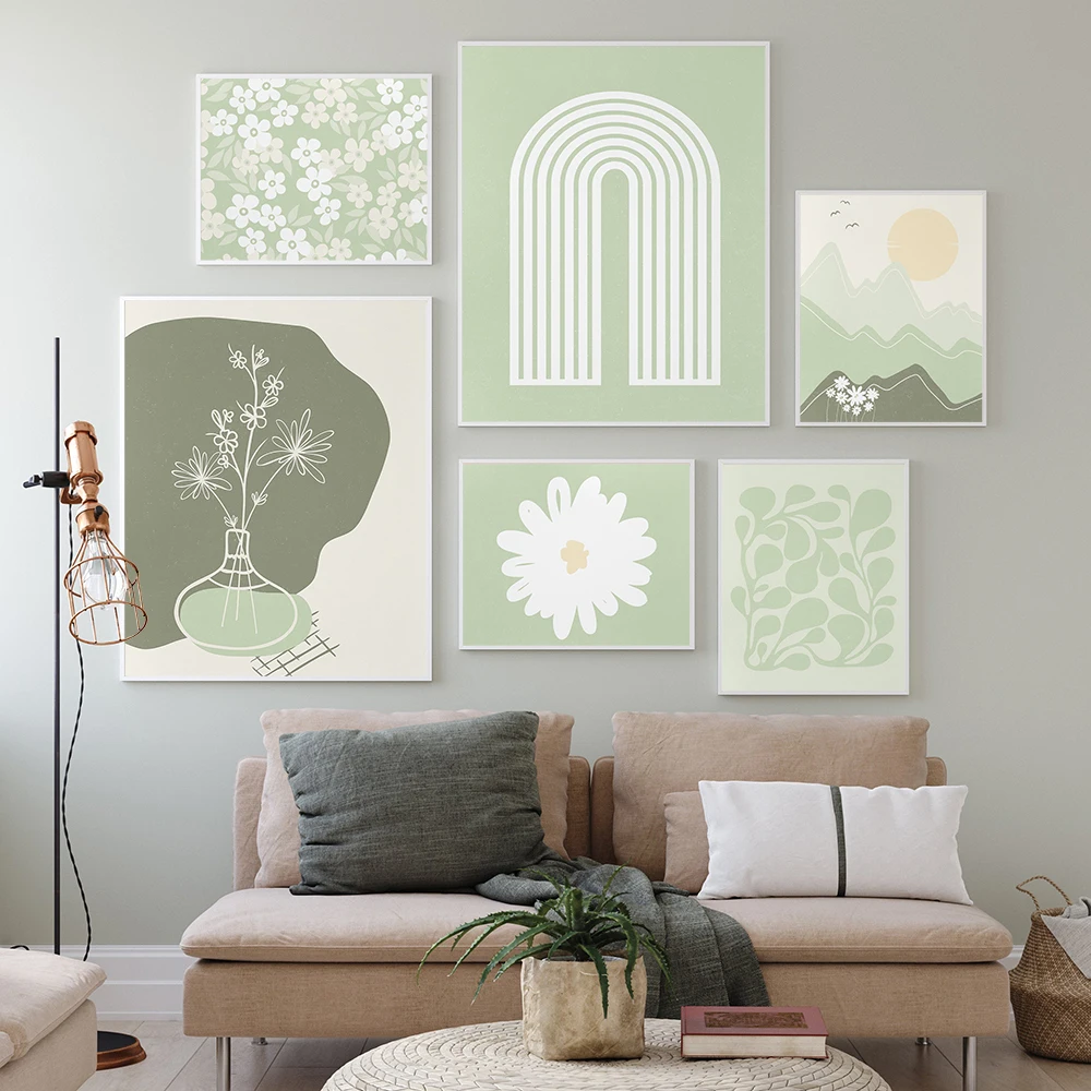 

Sage Green Set Poster Daisy Canvas Painting Boho Abstract Art Print White Flower Gallery Wall Picture For Living Room Home Decor