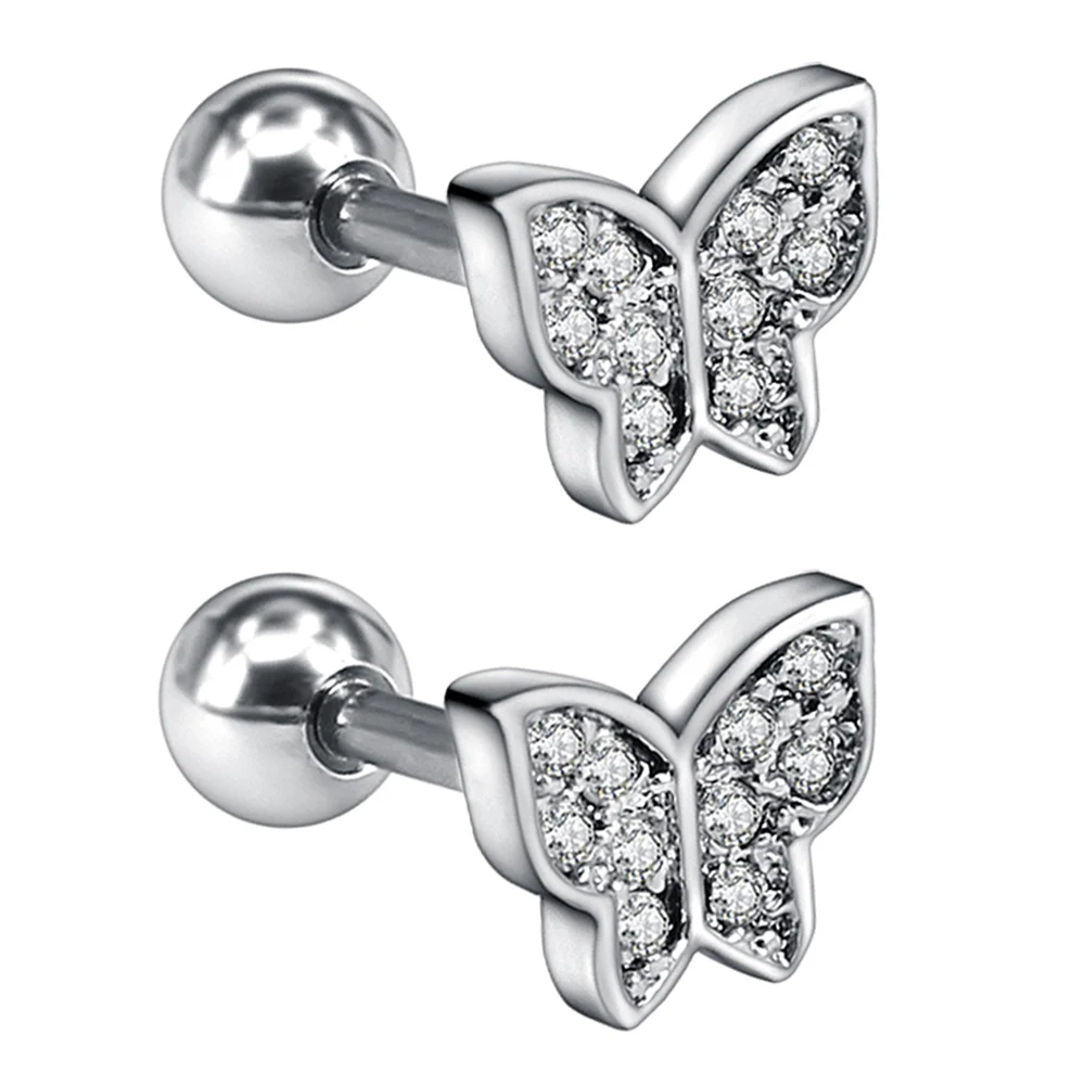 

1.2x6mm Mirco Inlaid Zircon Crystal Butterfly Earrings Surgical Steel Helix Tragus Piercing Cartilage Ear Ring Stud Body Jewelry