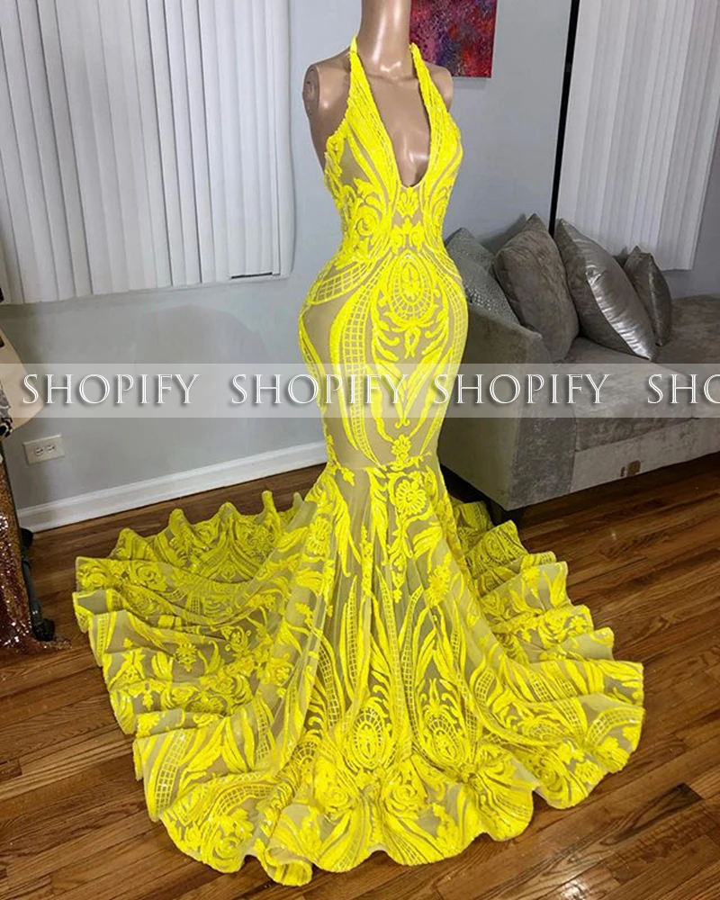 

Long Elegant Yellow Prom Dresses 2020 V-neck Sexy Mermaid Sleeveless Sequin African Black Girls Prom Party Gala Gowns