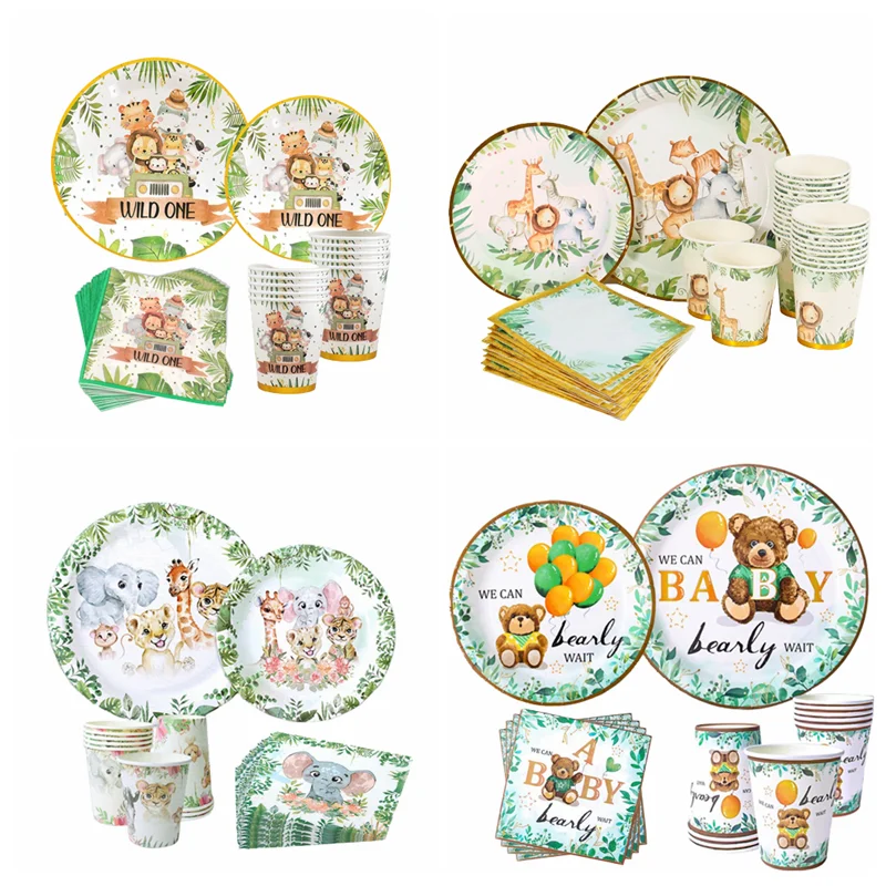 

Jungle Theme Disposable Tableware Set Kids Boy Girl Baby Shower Wild One Year Birthday Paper Towel Cup Plates Safari Party Decor