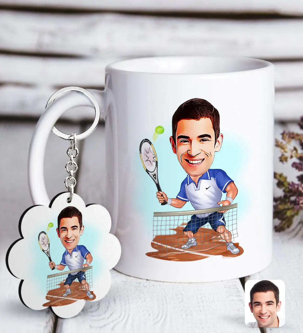 

Персонализированные Для мужчин с теннисисткой карикатура белая кружка и цепочка для ключей Подарочный Seti-1