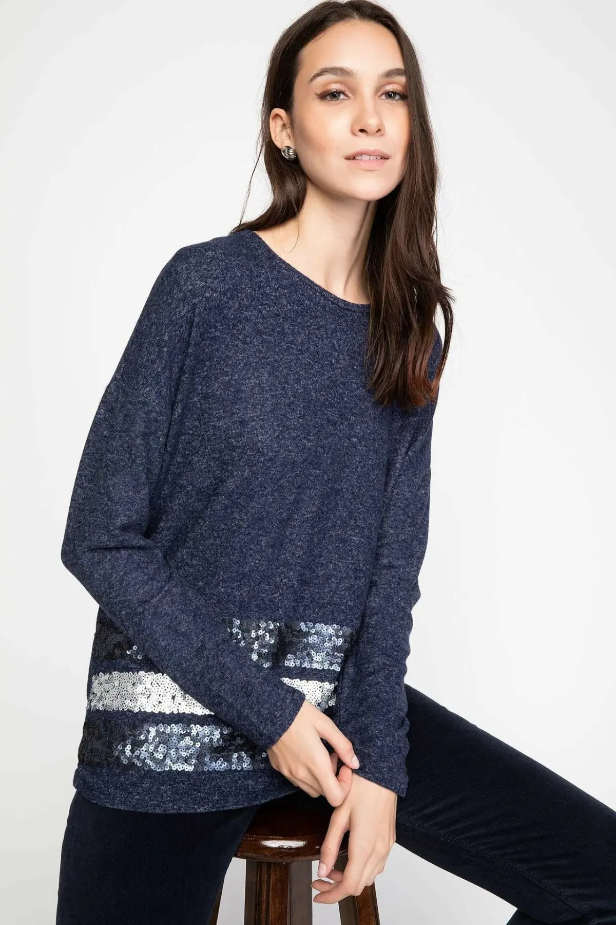 DeFacto Женская темно синяя Трикотажная футболка с длинным рукавом Мужская