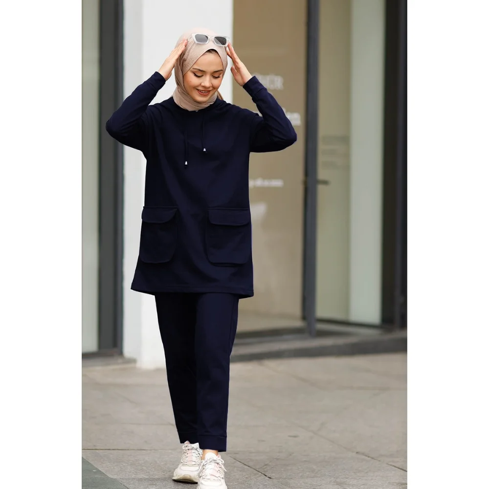 Double Cover Pocket Hooded Two Yarn Tunic Trousers Double Suit Fast Delivery abaya muslim dress women kaftan open abaya long dre