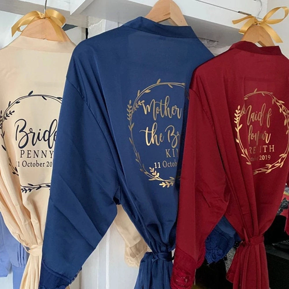

Personalised Wedding Floral Bridesmaid Robes Dressing Gowns - Lace Trim Satin Bridal Party Robes - Rose Gold Wedding pajamas