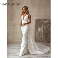 mqupin mermaid wedding dresses satin with detachable train bow white ivory v neck sleeveless bridal gown for women custom a89