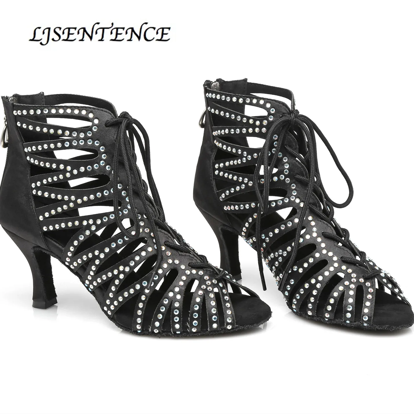 Salsa Dance Boots Black Shining Lace Zipper Opening for Wedding Party Ballroom Social Dancing Glitter Women Sandals Medium 7.5cm