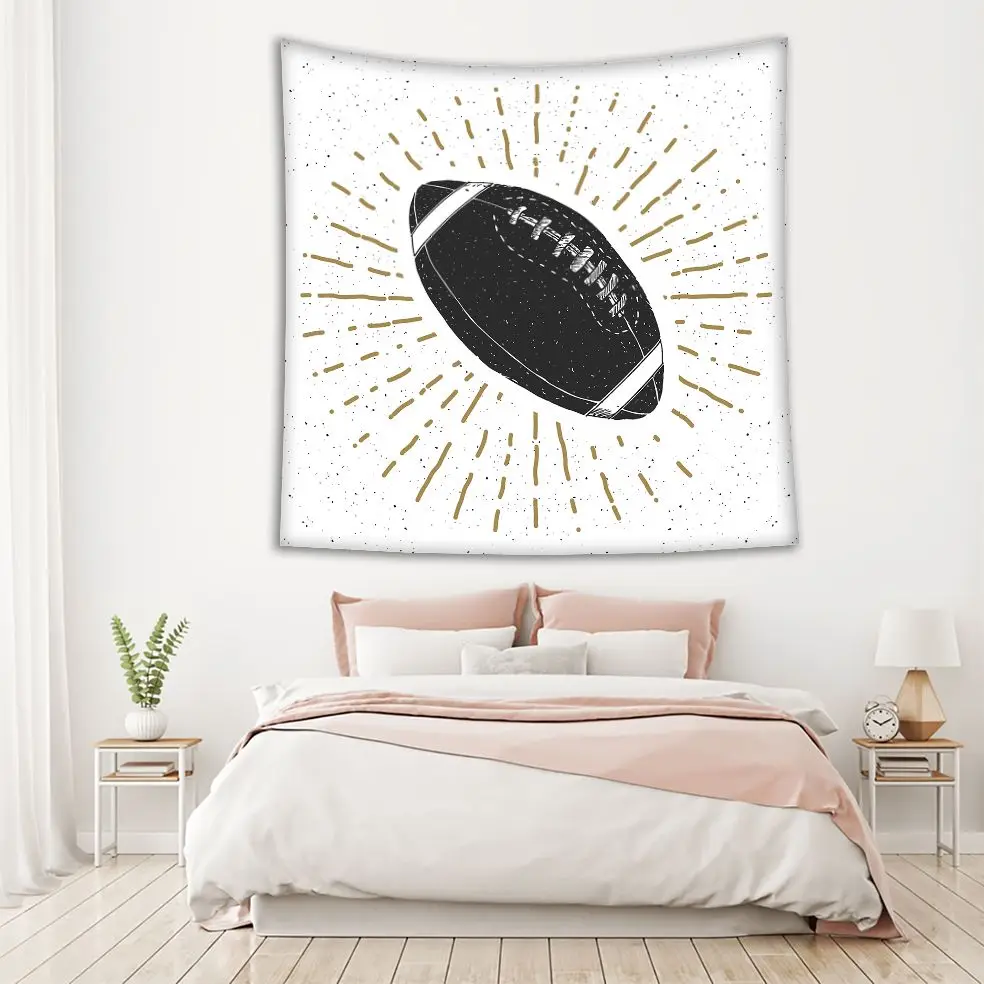 Tapestry Shining Football Rugby Ball Vintage Hand Drawn Sketch Retro Style Art Printed Black White Gold | Дом и сад