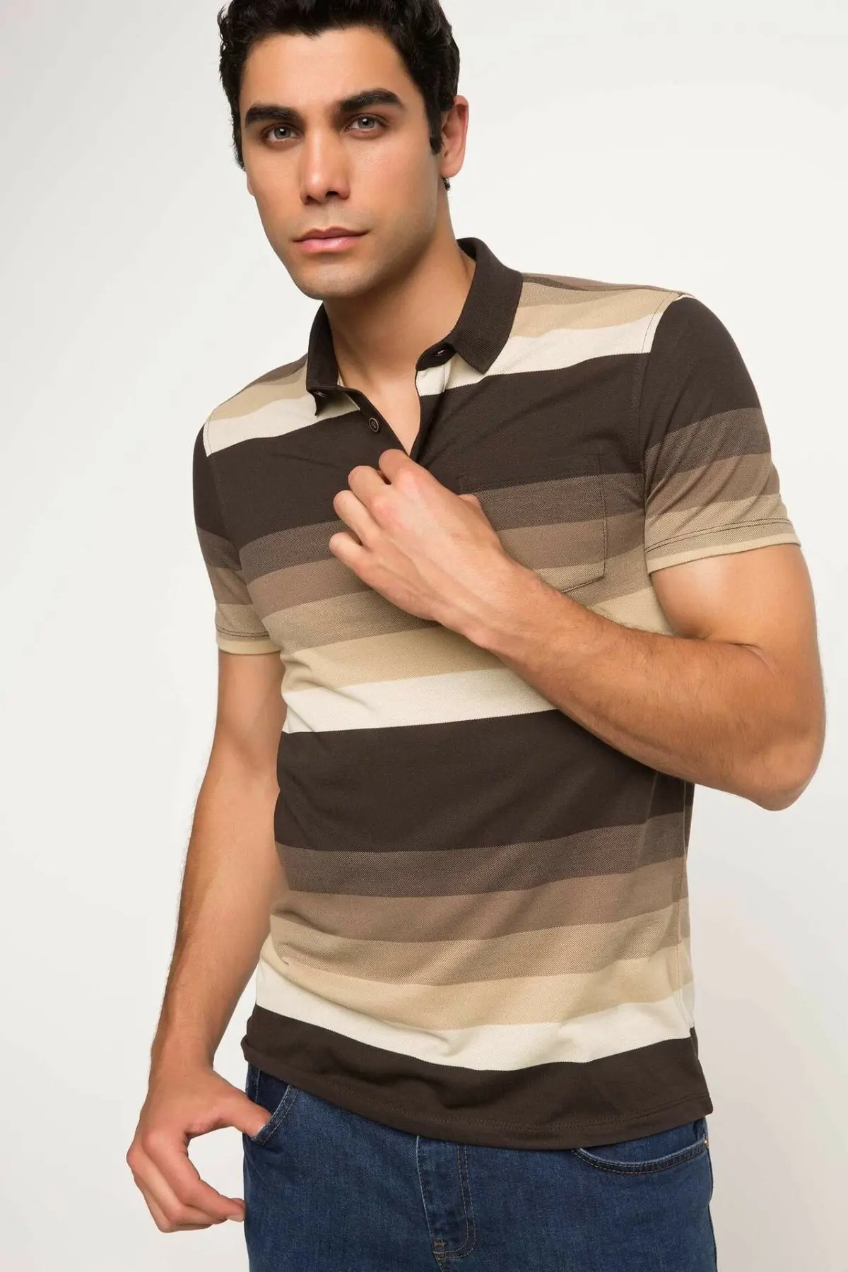 Мужская Повседневная рубашка поло DeFacto летняя Свободная в полоску с короткими