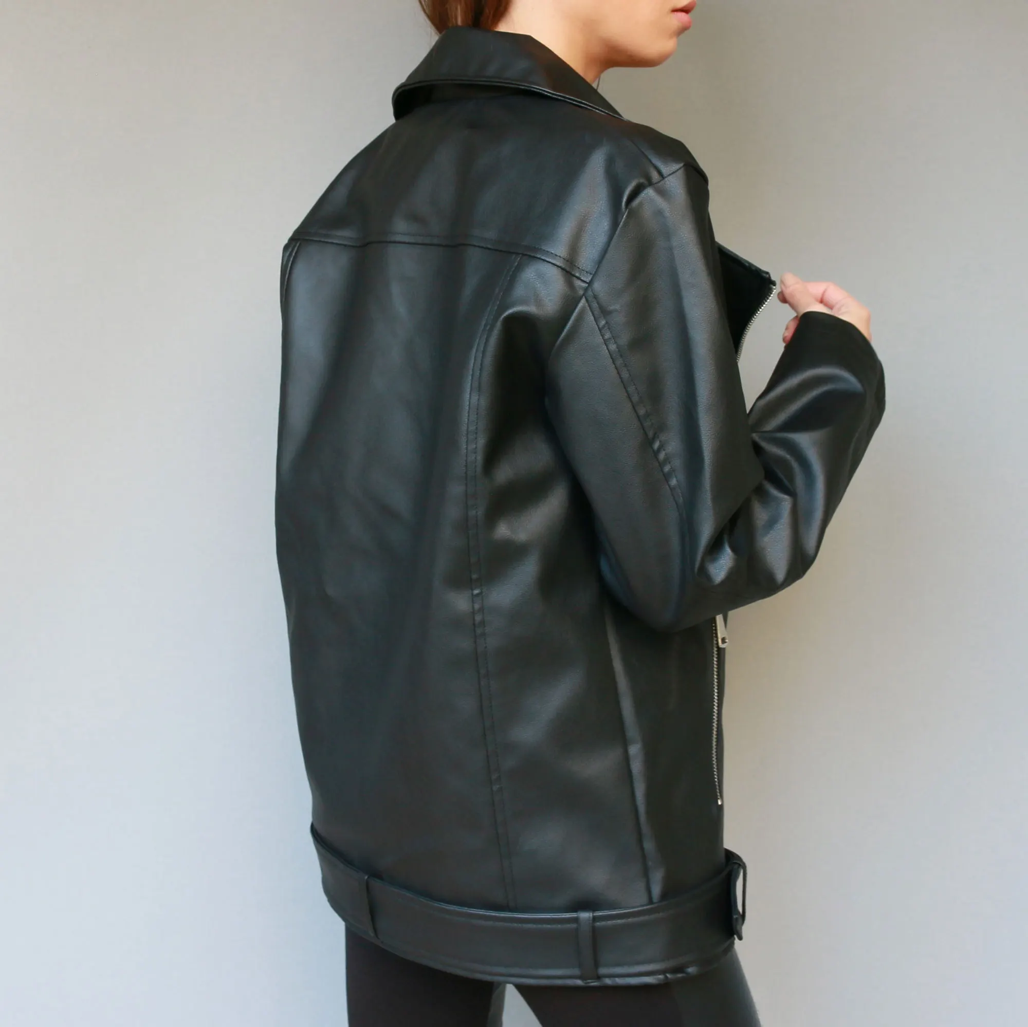 New Women Spring Autumn Long Black Faux Leather Jackets Biker Zipper Motorcycle Casual Coat Turndown Collar Streetwear Outerwear