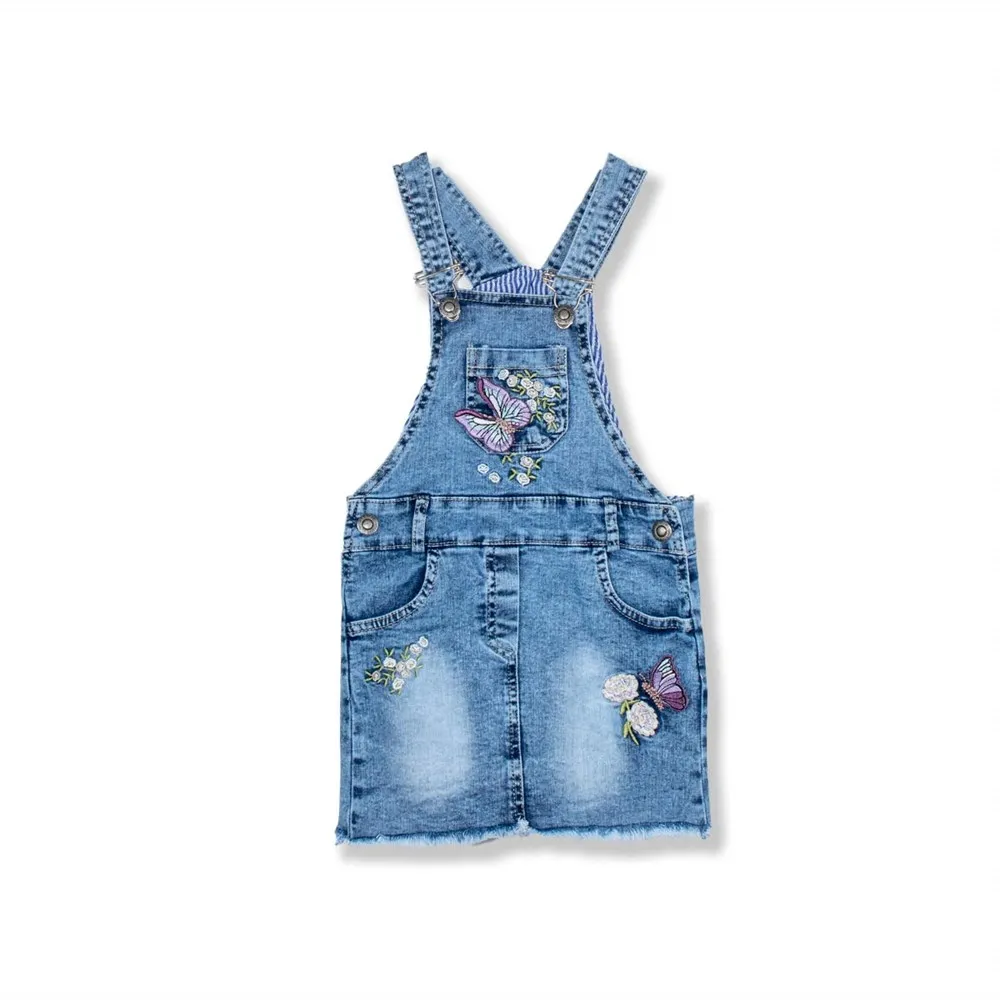 Baby Kids Children Girl Jean Denim Jumper Dress with Butterfly Embroidery Playsuit Sportswear Outfit