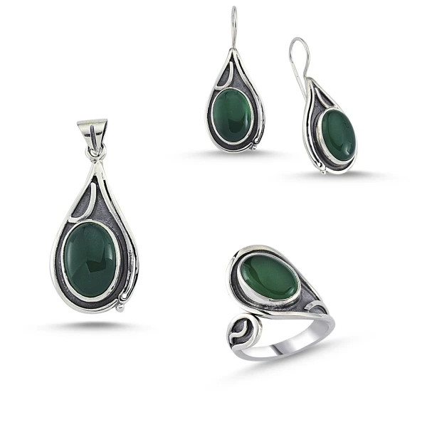 

Silver 925 Sterling Green Agate Stone Handwork Set