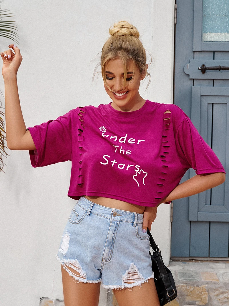 

English Letters Print Hollow Pullover Short-Sleeve T-Shirt