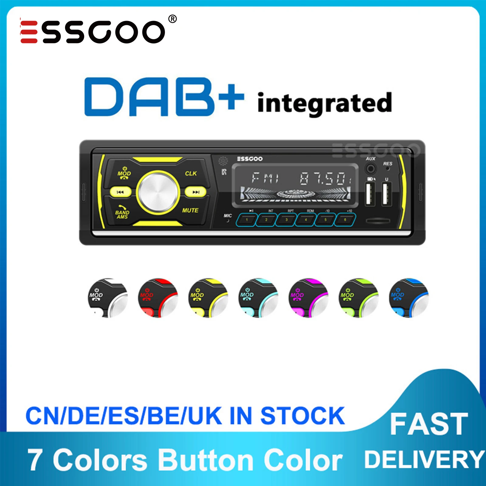 

ESSGOO Autoradio DAB RDS AM FM 1 din Car Stereo MP3 Player Radio Bluetooth USB SD AUX Support Phone Charging 7 Colors Button