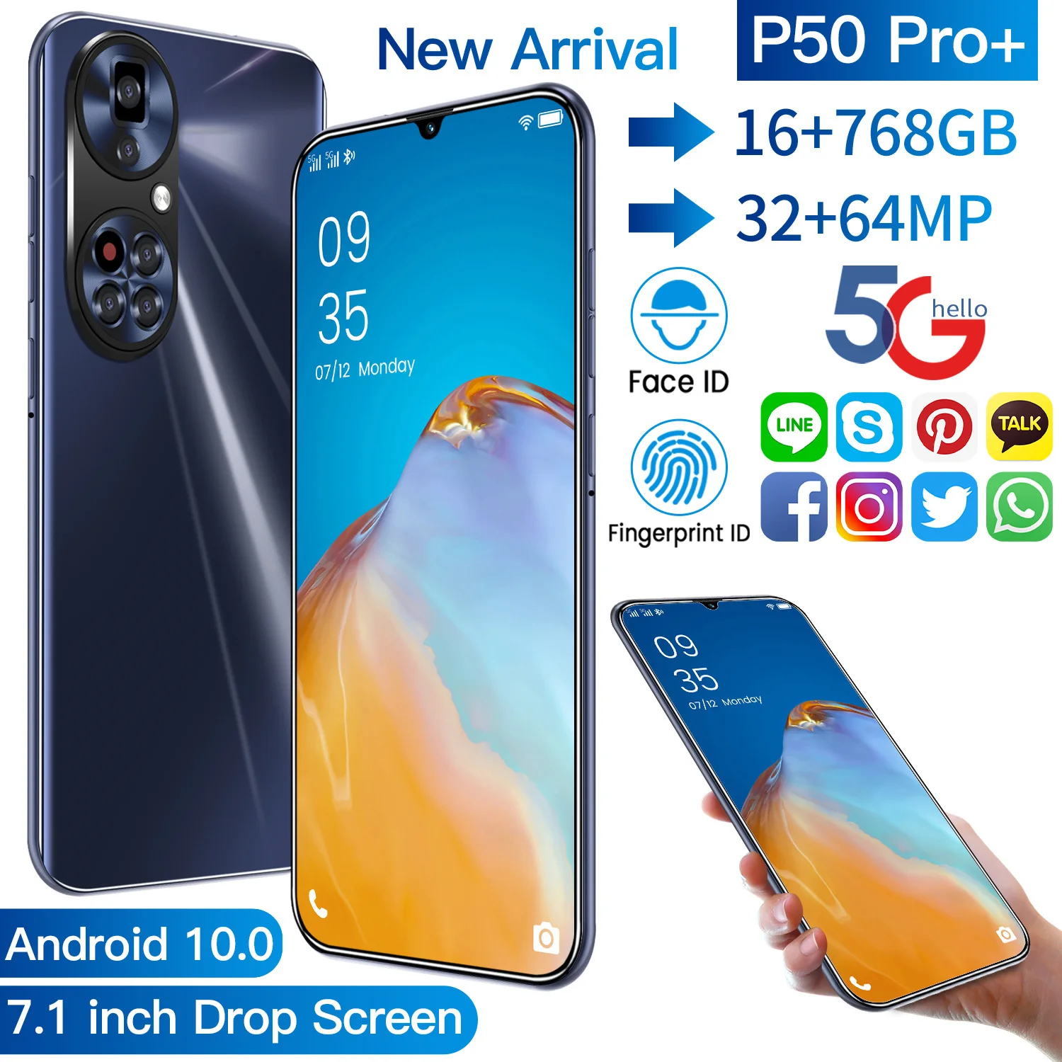 

P50 Pro+ 7.1" Smartphone Global Version 5G Mobile Phones 16+768GB 6800mAh Andriod10 Dual SIM Celualr MTK6889 Unlocked Cell Phone