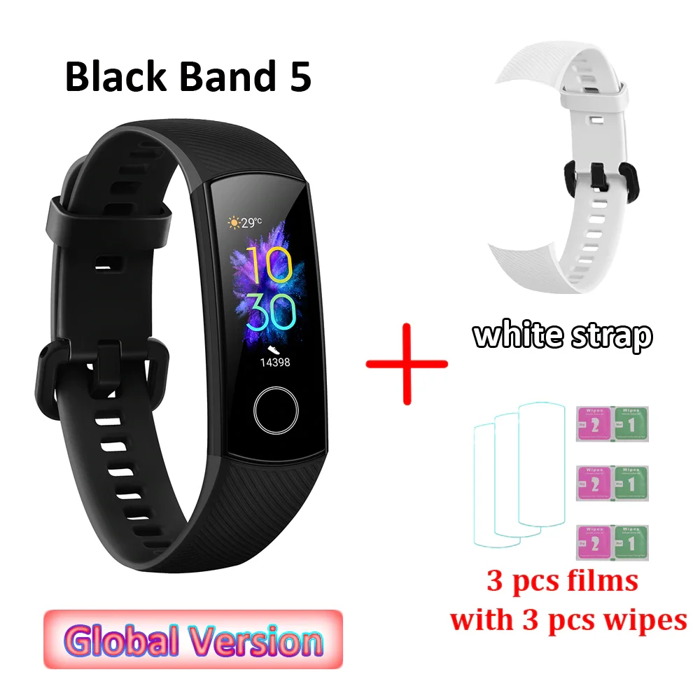 W strap and 3 films Global Versio huawei Honor Band 5 4, умный Браслет, умный браслет, шагомер, сенсорный экран, для плавания, сердечного ритма, сна, монитор - Цвет: W strap and 3 films