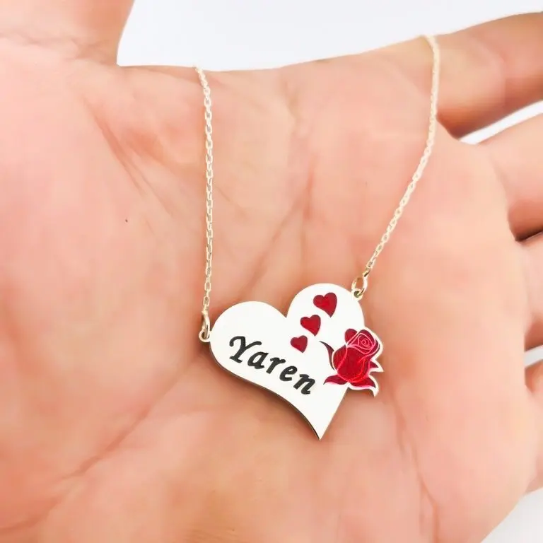 

New Enamel Colorful Heart Rose Is Silver Name Necklace