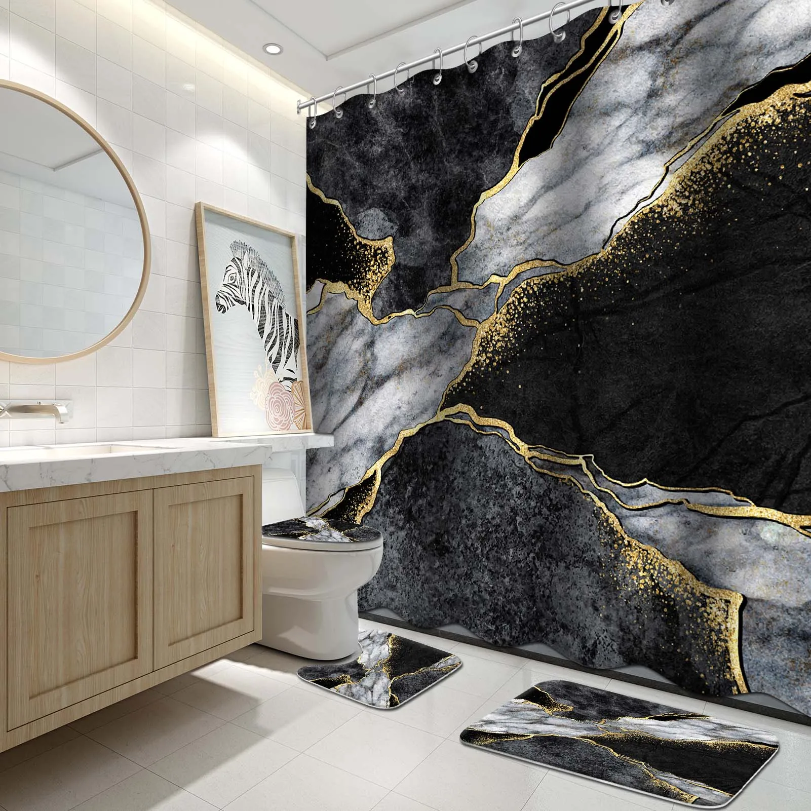 

Black and White Marble Texture Shower Curtain Set Gold Abstract Art Pattern Bathroom Decor Easy Care Waterproof Fabric 72"x72"