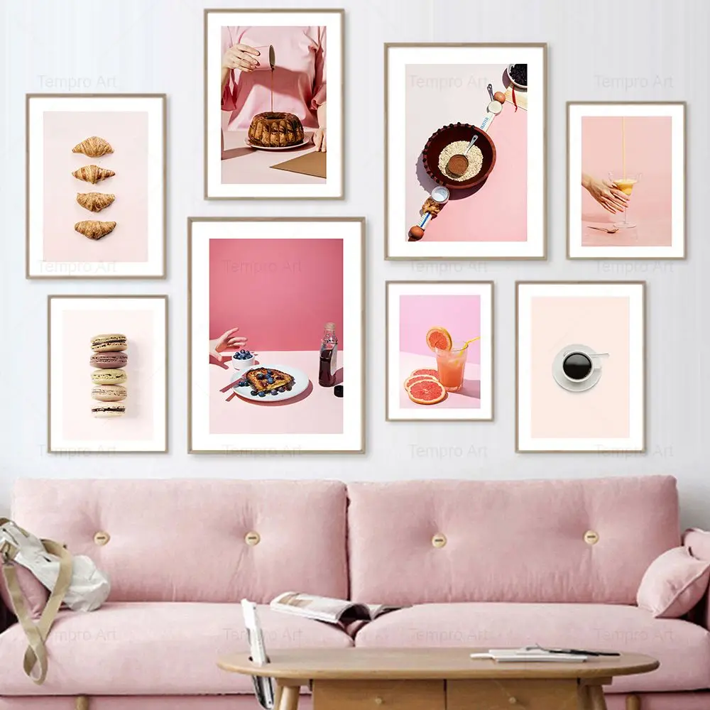 

Pink Food Drink Poster Coffee Cake Cookie Macarons Croissant Canvas Painting Wall Art Pictures Kitchen Cafe Home Decor Aesthetic