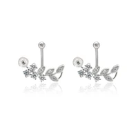 2pcs 925 sterling silver blank brach leaf stud earring settings findings 19x8mm for half drilled beads with zirconia