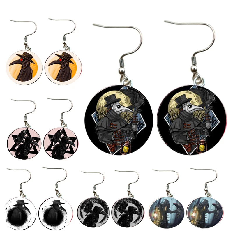 

1Pair Plague Doctor Earrings 18MM Round Glass Cabochons Stainless Steel Dangle Jewelry Halloween Earring