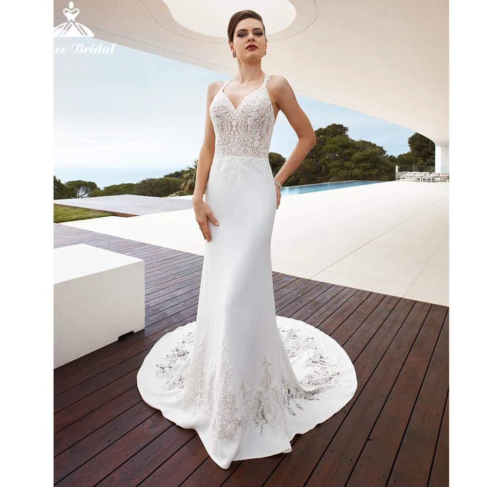 

Sexy Mermaid Sleeveless Sweep Backless Spaghetti Straps V-neck Satin Floor-Length Appliques Lace Wedding Dresses 2022 Bridal