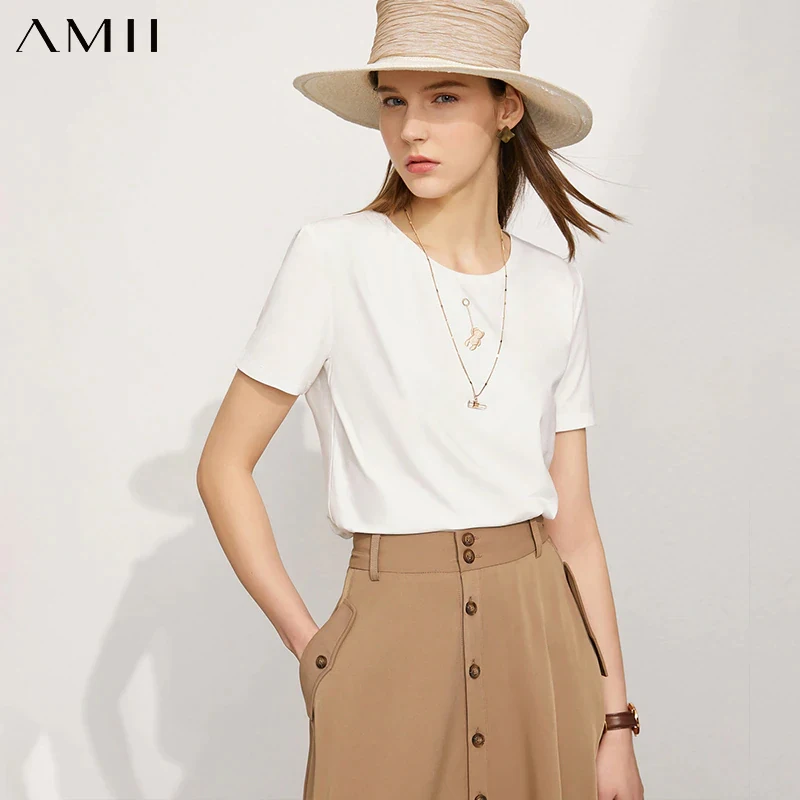 Футболка Amii Minimalism женская с вышивкой Модный хлопковый топ круглым вырезом