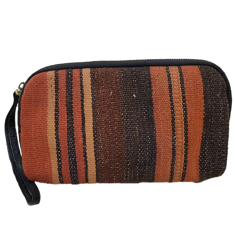 

Orange Rug Make Up Bag, Black Leather Toiletry Bag, Ladies Cosmetic Bag, Women Leather Purse, Carpet Wallet Handbag