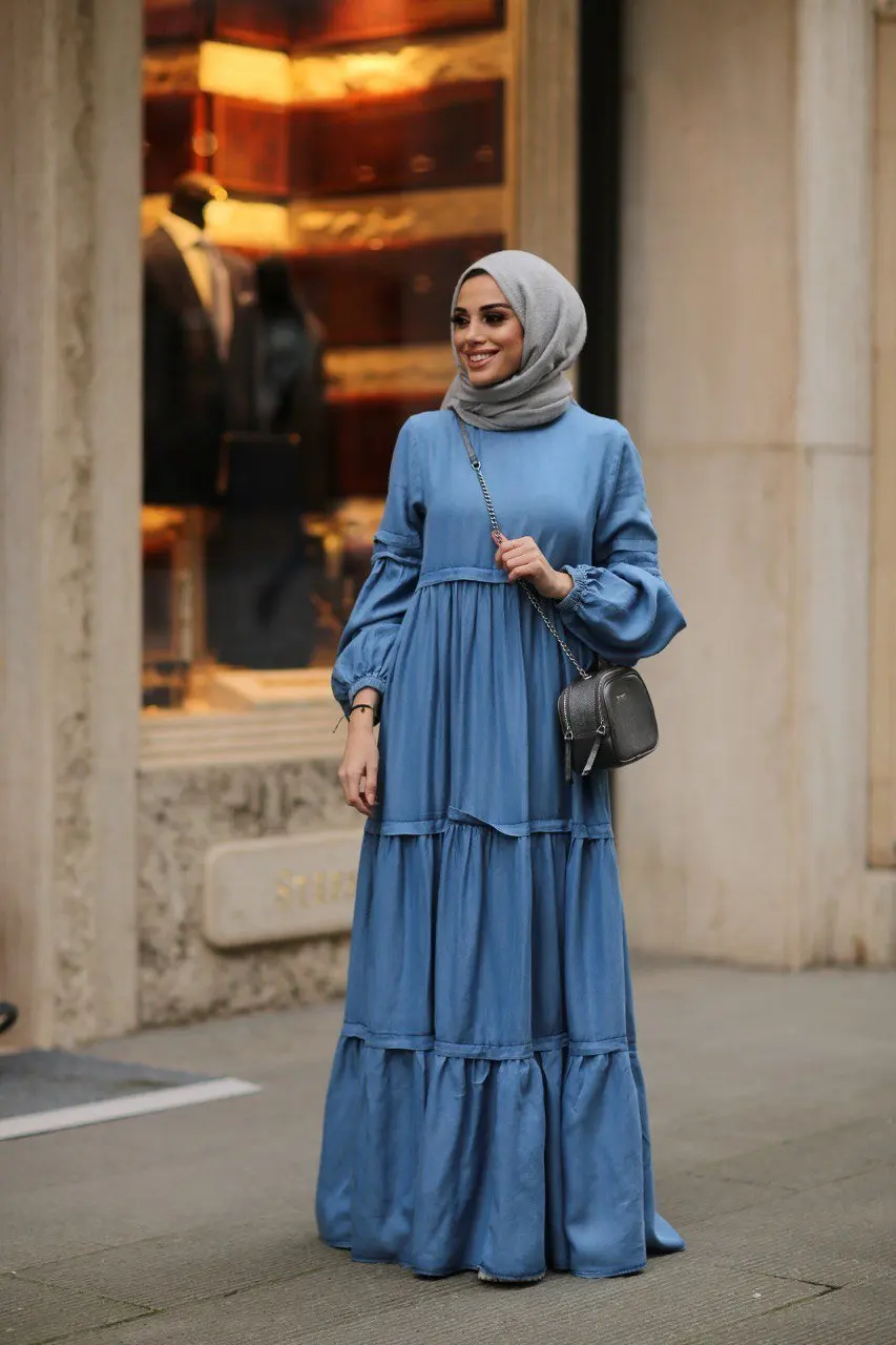 

Long Tencel Dress Women Frilled Dress Turkish Fashion Islamic Muslim Modern Clothing Turkey 2068
