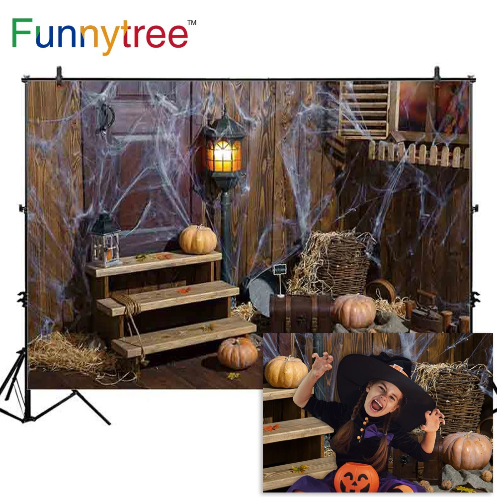 Фон Funnytree для фотостудии грязный склад Хэллоуин Тыква паук веб дверь дети