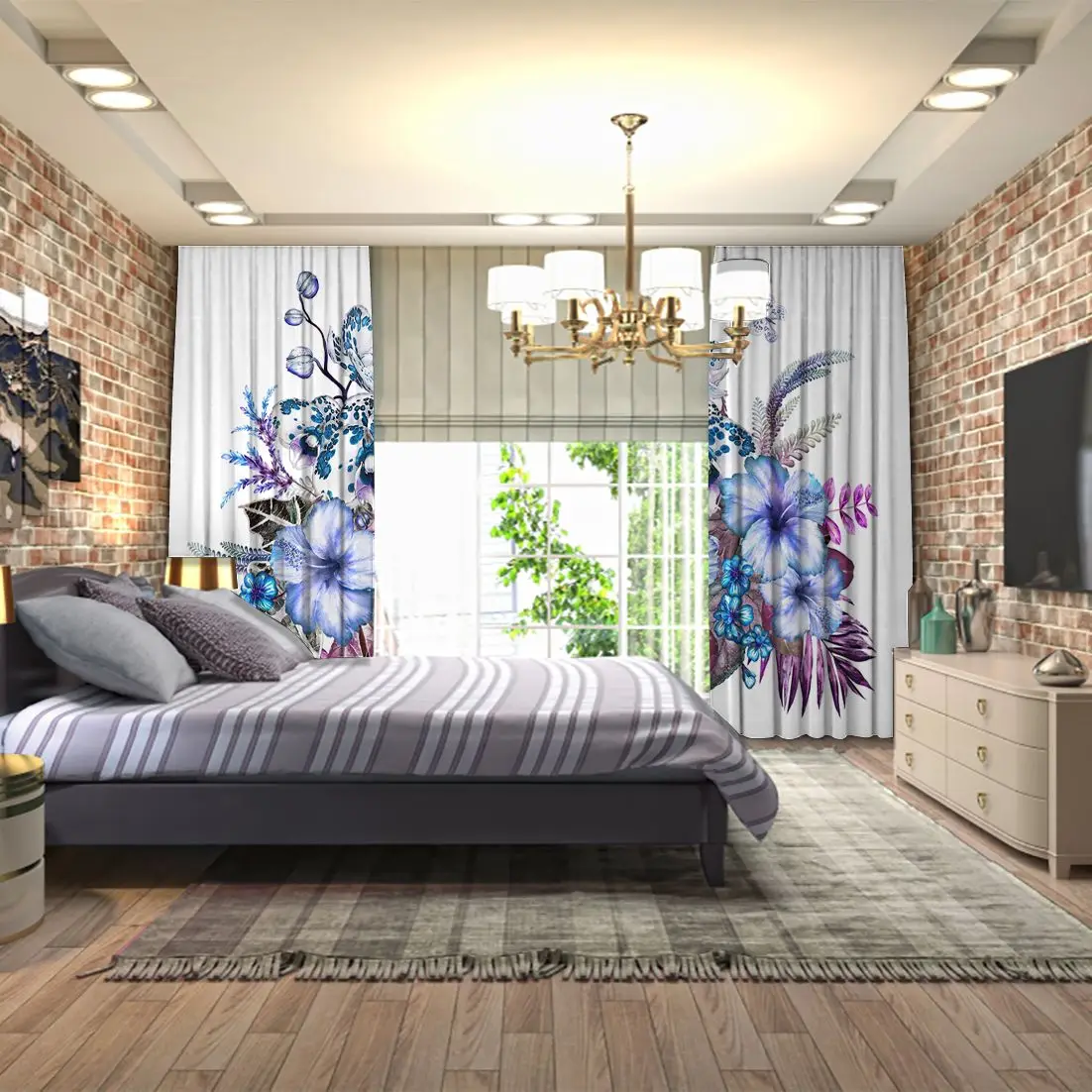 Штора Орхидея букет из гибискуса цветов листья бабочки и почки экзотическая