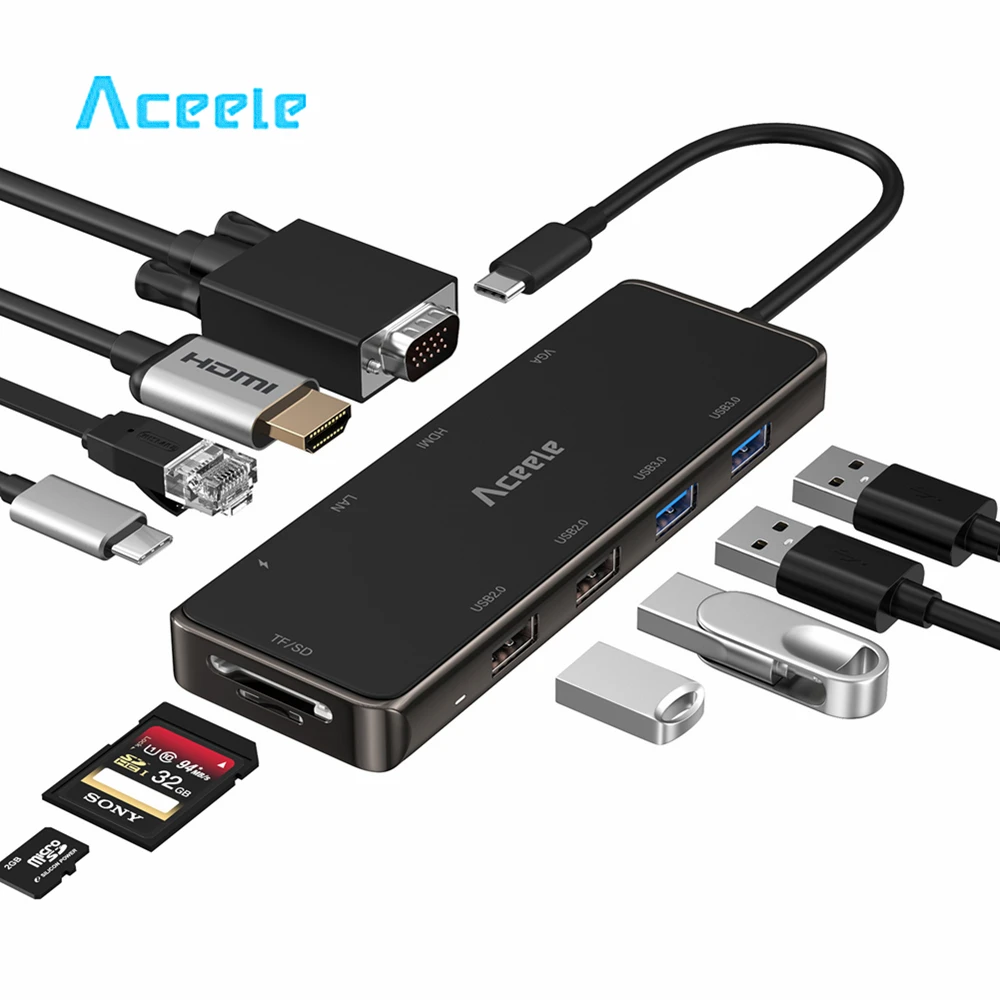 Aceele 10 в 1 USB C концентратор HDMI VGA RJ45 3 0 2 мощность SD/TF кардридер для Macbook Pro|USB-хабы| |