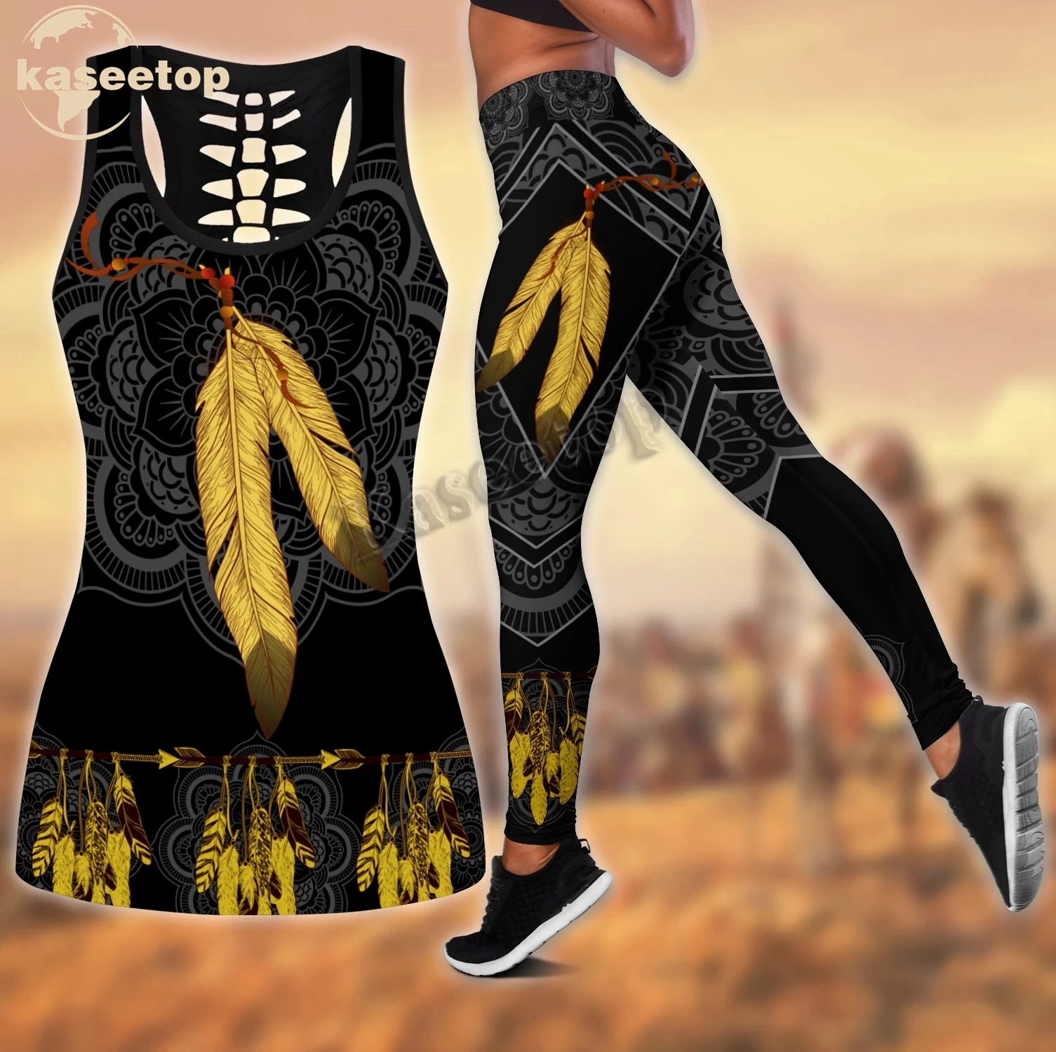 

African Beautiful Women 3D Printed Women Two Piece Yoga Set Vest Hollow Combo Tank Top Legging Waist Sport Fitness Quick Dry
