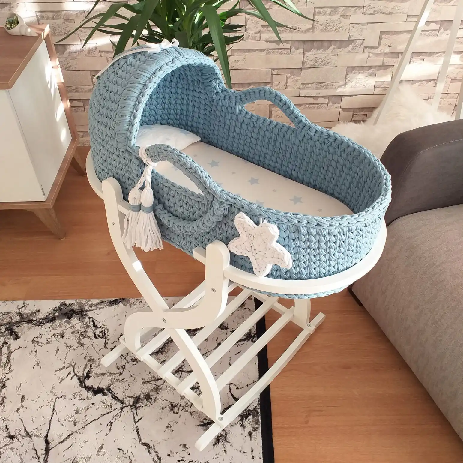 Jaju Baby Moses Basket Blue Knitted Stroller, newborn baby basket, baby basket, handmade baby knitting basket