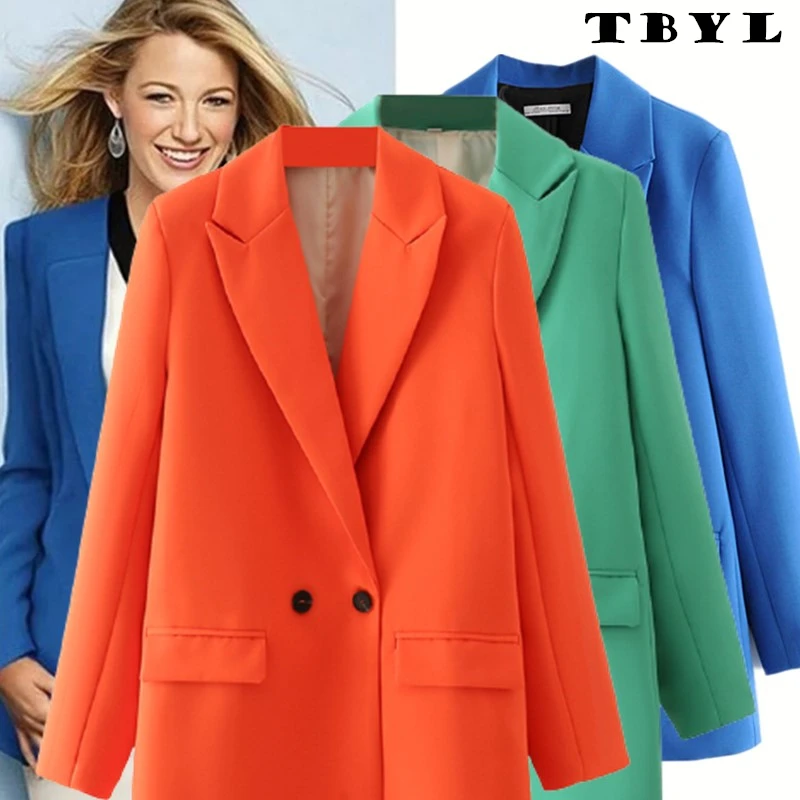 

2022 Women Chic Office Lady Double Breasted Blazer Vintage Coat Fashion Notched Collar Long Sleeve Female Outerwear Stylish Tops