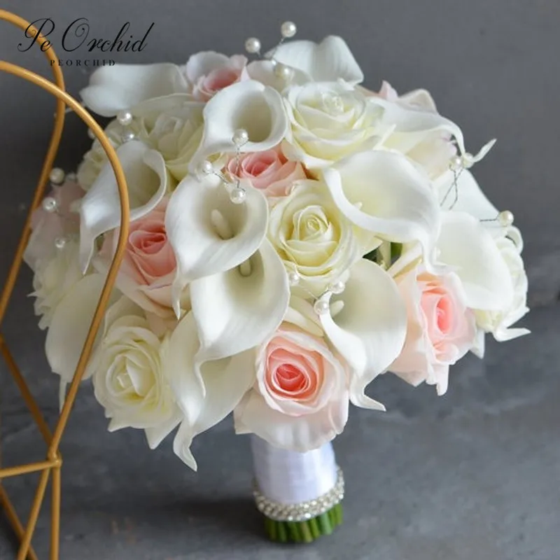 

PEORCHID Vintage Blush Ivory Bridal Bouquets Real Touch Faux Flowers Artificial Roses Calla Lilies Pearls Wedding Bouquet