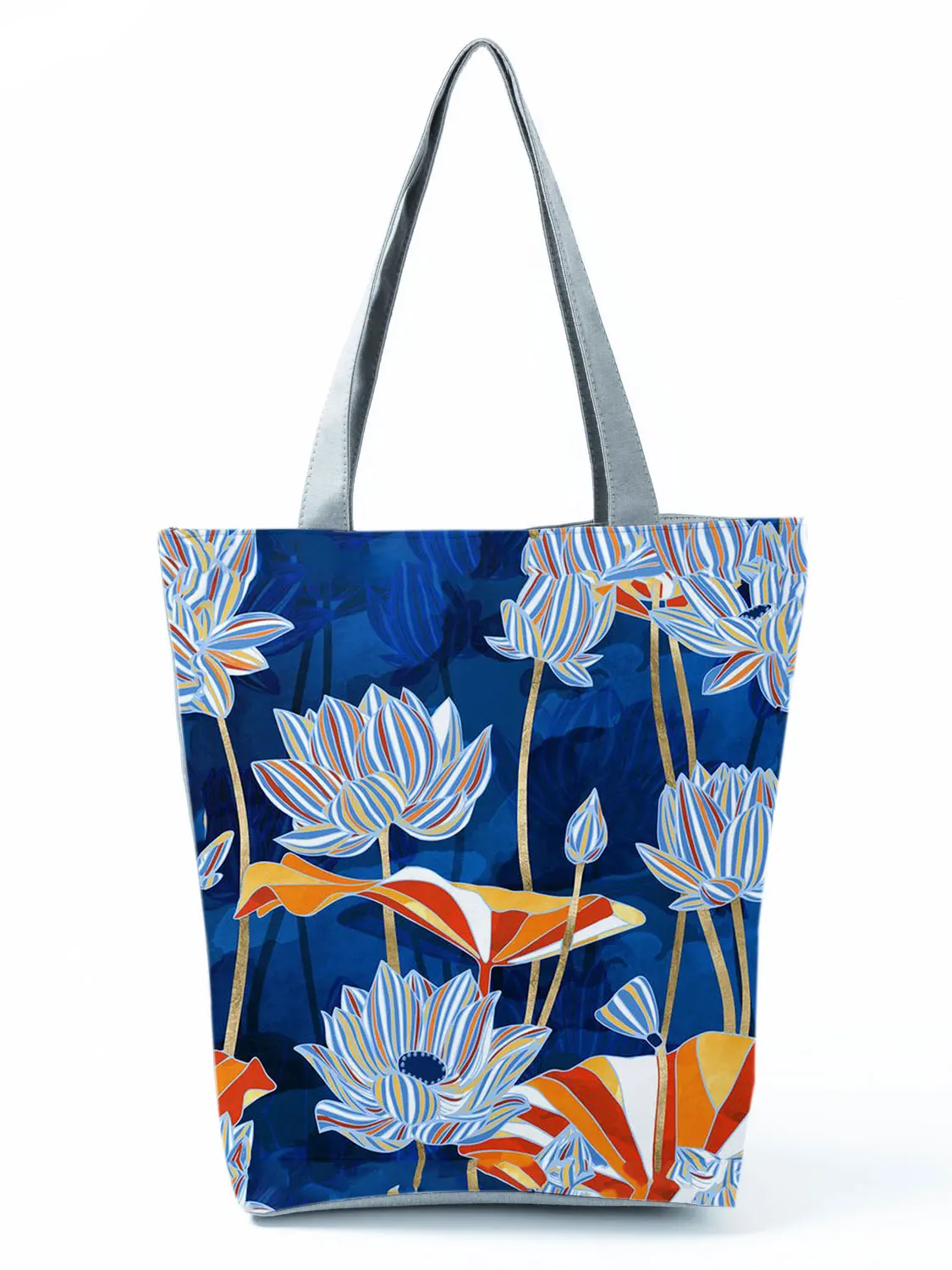 Сумка-тоут женская многоразовая с принтом лотоса синяя |