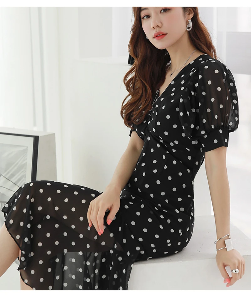 

Women Summer Midi Slim Korean Style Sexy Party polka Dot Puff Sleeve Mermaid Chiffon Dress