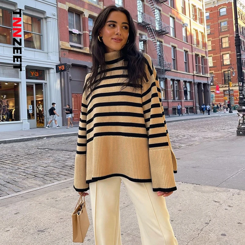

Женский полосатый пуловер с высоким воротником, повседневный Трикотажный свитер с длинным рукавом, большие размеры, Осень-зима