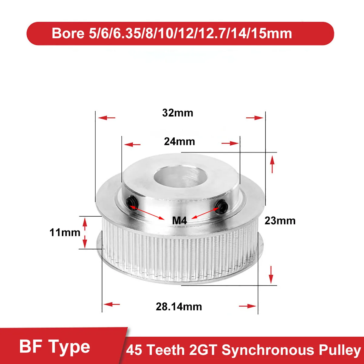 

BF Тип 45 зубьев 2GT синхронный зубчатый шкив с отверстием 5 мм-15 мм алюминиевый ролик для зубчатого ремня ГРМ шириной 10 мм 2GT