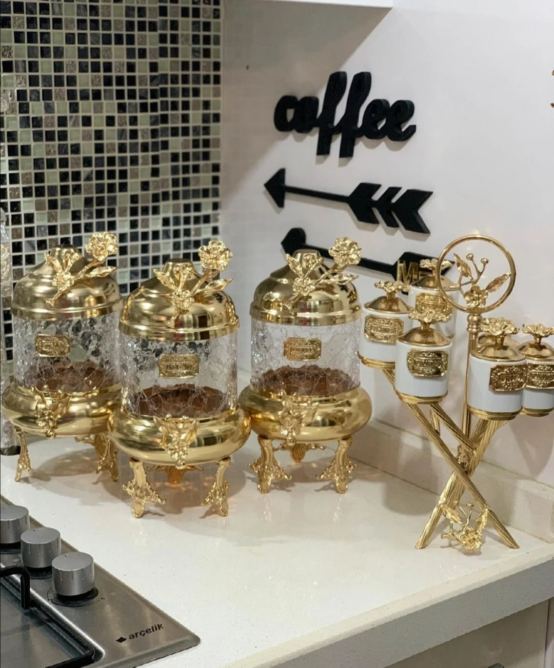 

Jar Set Spice Holder 5 Star Plating Quality Gold Color Durable Turkey Production Place Workmanship in the Workshop 3 Liter Capacity Fast Shipping Kitchen Service Stand Special Design