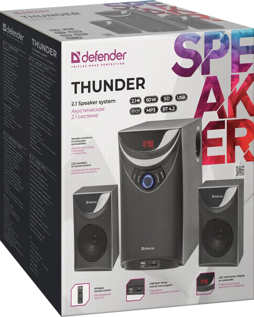 Акустическая 2.1 система Defender Thunder 60Вт Bluetooth FM/MP3/SD/USB|Колонки для компьютера| |